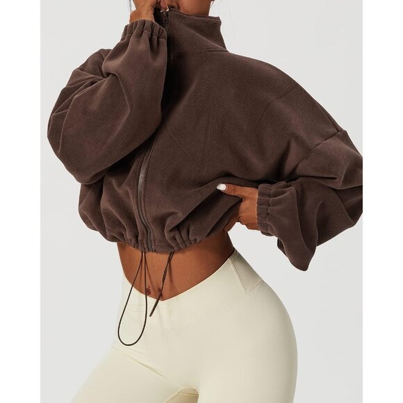 Women's Caramel Zip Fleece Warm Winter Long Sleeve Stand Collar Sherpa Jacket - Picture 5 of 6